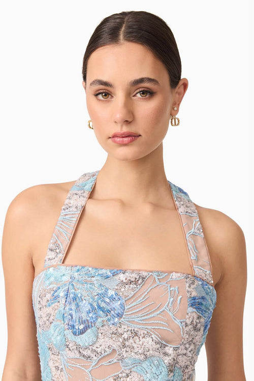Embellished Floral Mini Dress - Blue