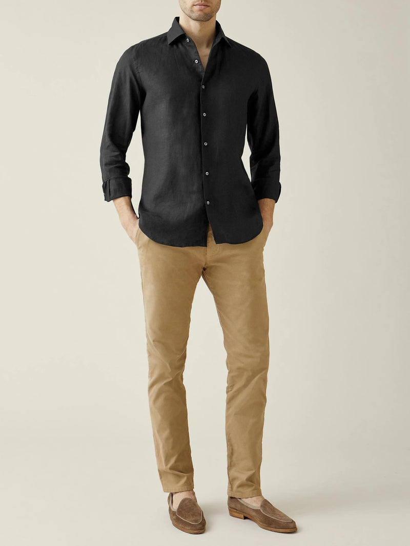 Solid Linen Long Sleeve Shirt - Black