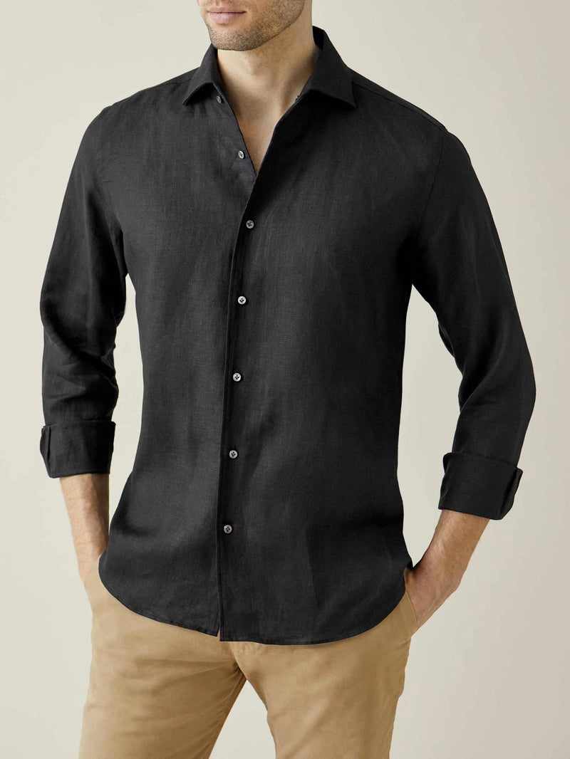 Solid Linen Long Sleeve Shirt - Black