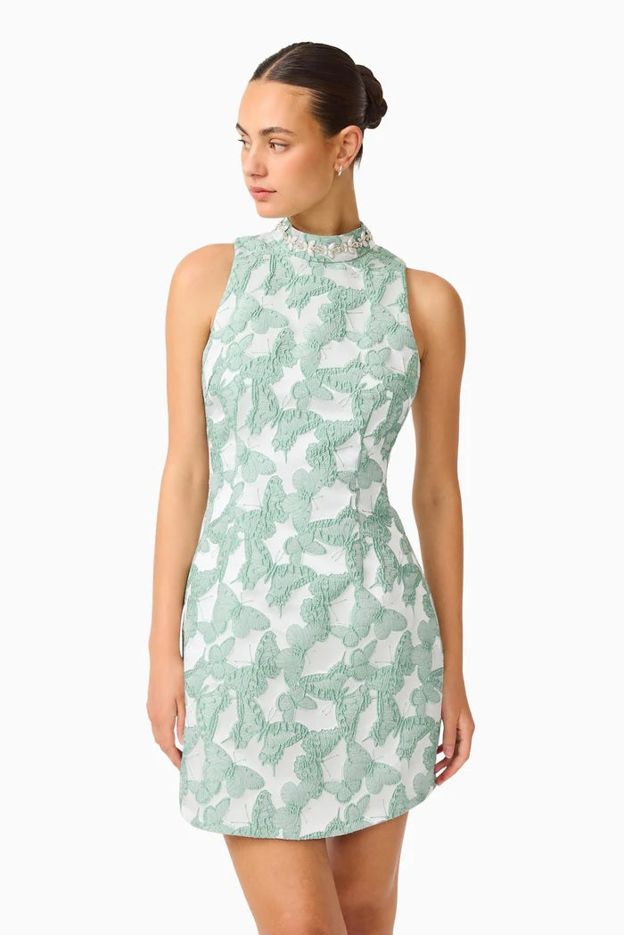 high neck green mini dress Jacquard estate gold watch