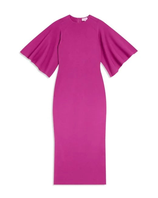 Fluted Sleeve Knit Midi Dress - Deep Pink