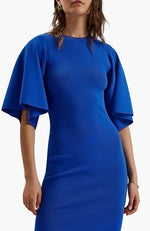 Fluted Sleeve Knit Midi Dress - MID BLUE