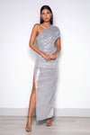 Ruched Single Shoulder Sequin Gown - Silver