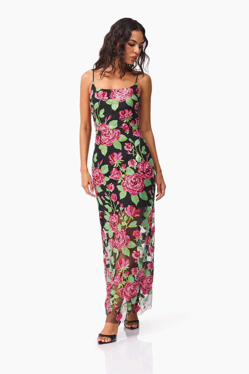 Floral Sequin Mesh Gown - Black Mix