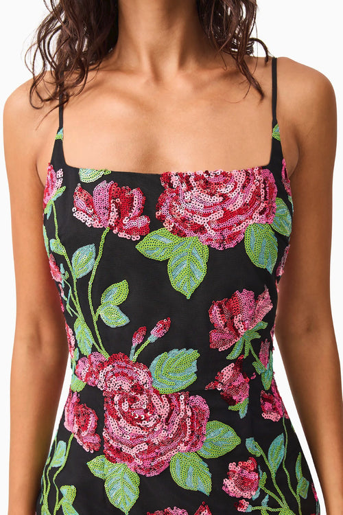 Floral Sequin Mesh Gown - Black Mix