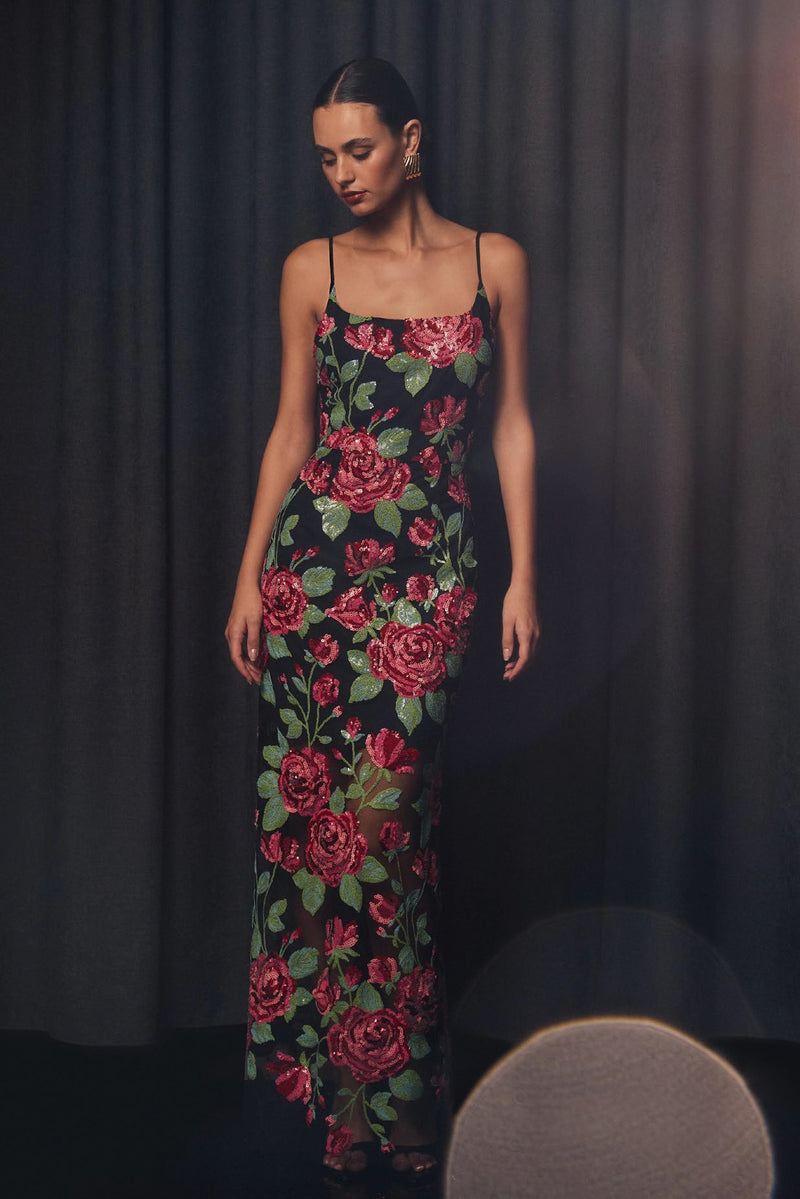 Floral Sequin Mesh Gown - Black Mix