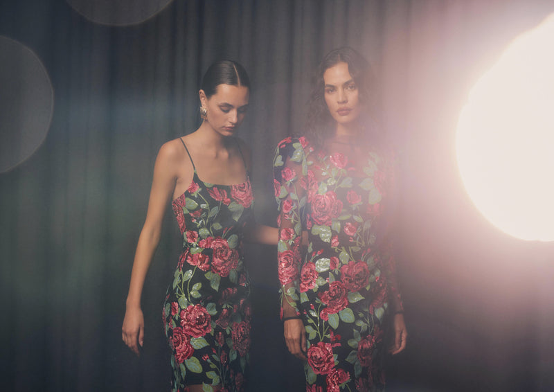 Floral Sequin Mesh Gown - Black Mix