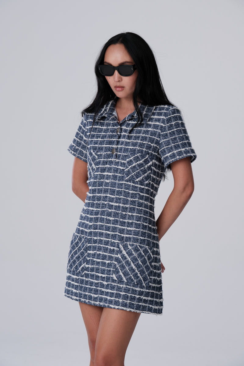 Denim Fringe Inspired Italian Tweed Dress - Blue