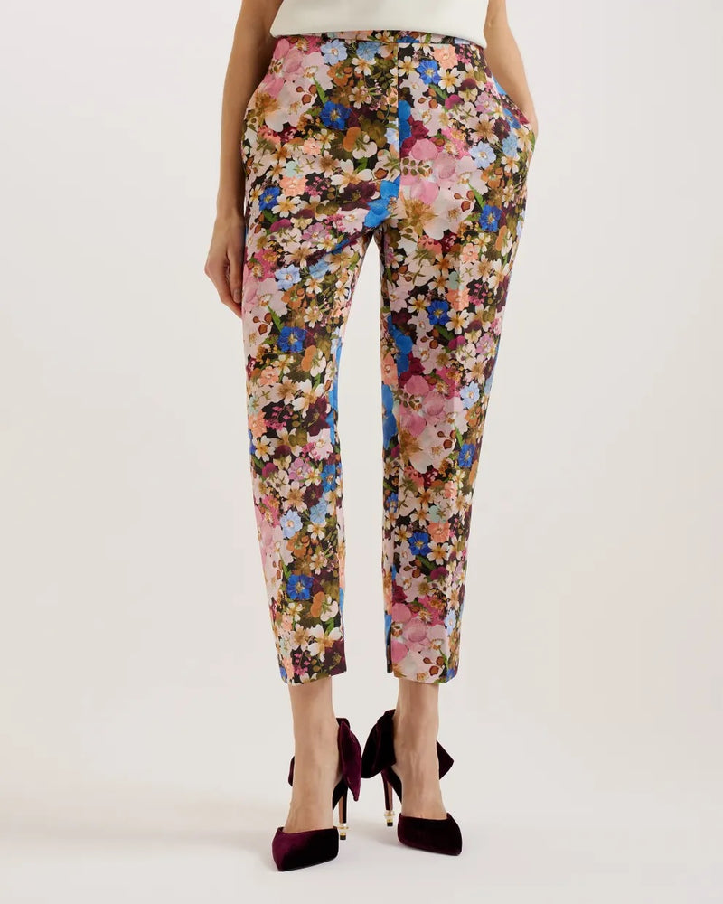 Floral Printed Slim Trousers - Black