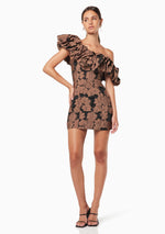 3-D Floral Mini Dress with Ruffled Neckline - Chocolate Brown