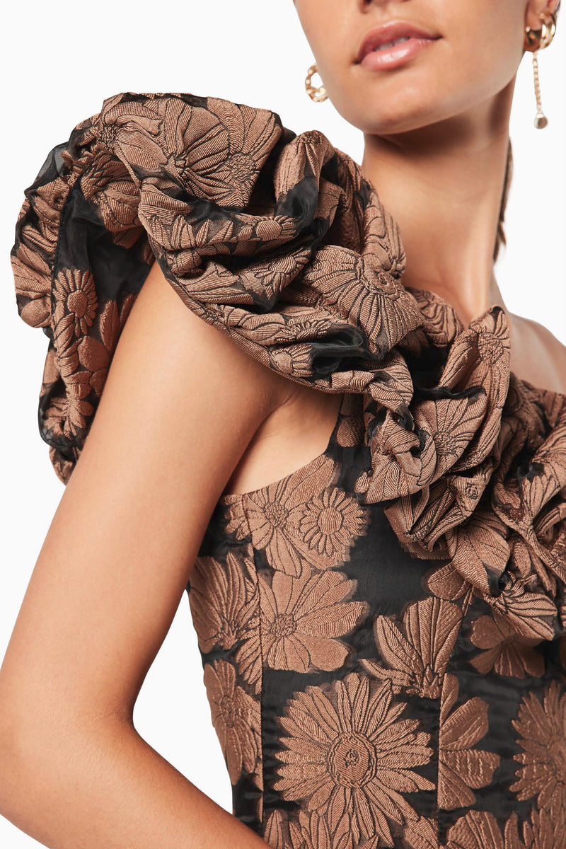 3-D Floral Mini Dress with Ruffled Neckline - Chocolate Brown