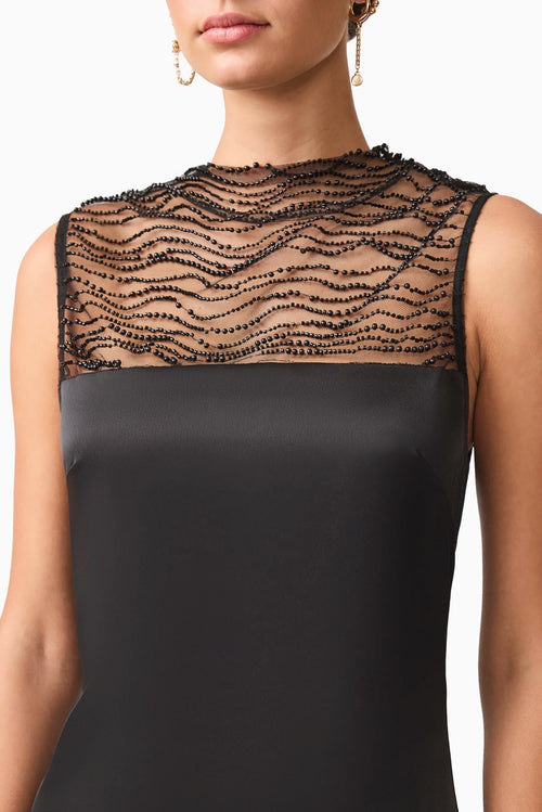 Pearl Mesh Satin Gown - Black