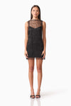 Pearl Mesh Satin Shift Mini Dress - Black