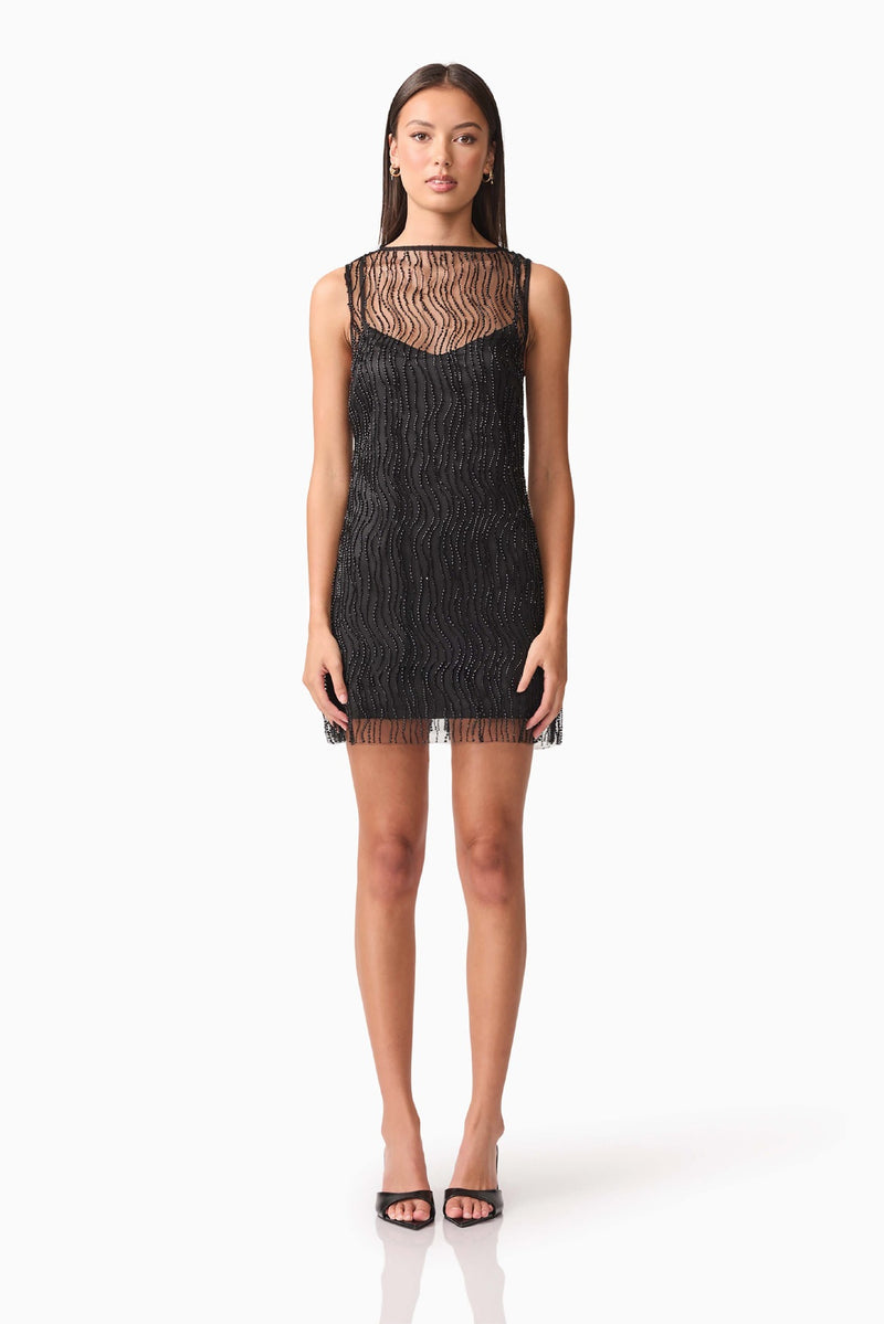 Pearl Mesh Satin Shift Mini Dress - Black