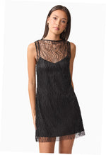Pearl Mesh Satin Shift Mini Dress - Black