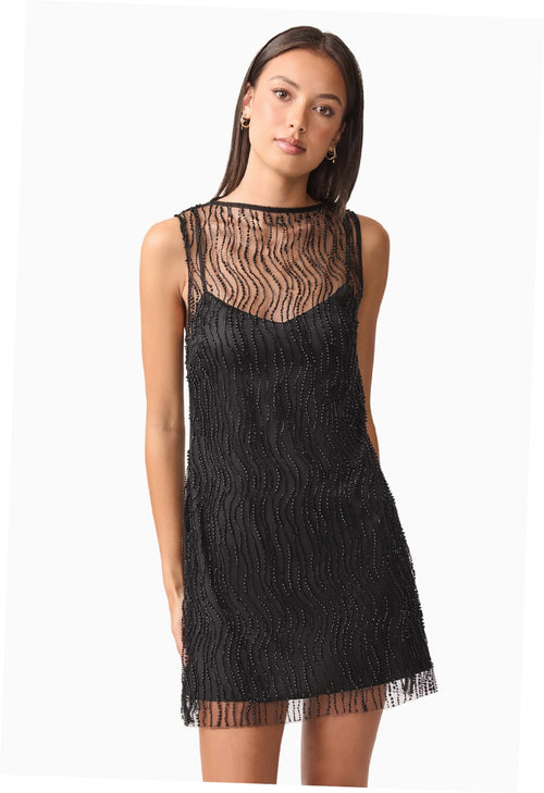 Pearl Mesh Satin Shift Mini Dress - Black