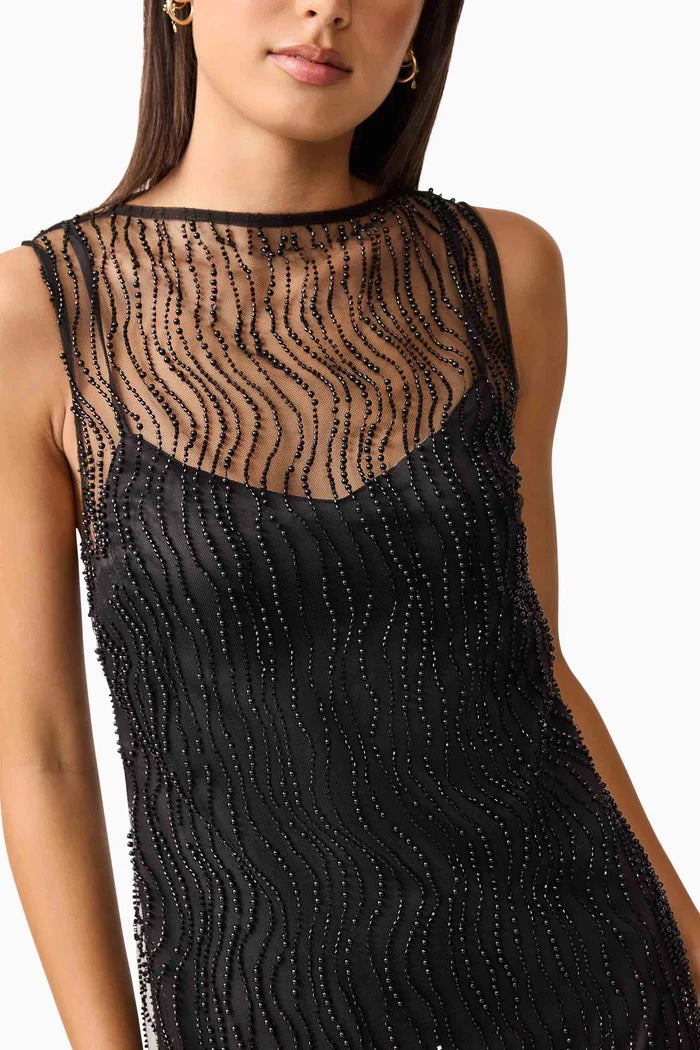 Pearl Mesh Satin Shift Mini Dress - Black