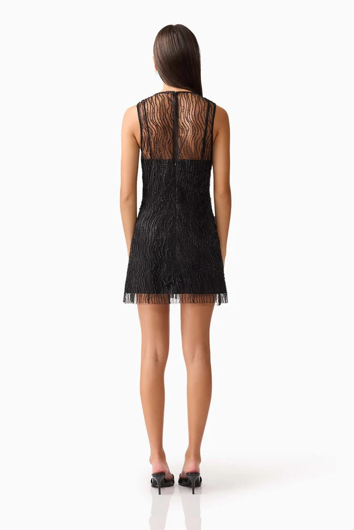 Pearl Mesh Satin Shift Mini Dress - Black