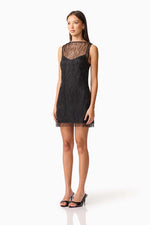 Pearl Mesh Satin Shift Mini Dress - Black