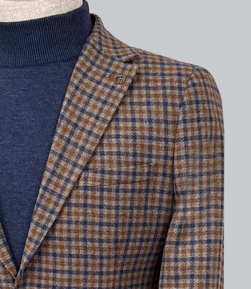 Italian Wool Check Blazer - Navy/Brown