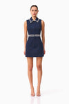 Collared Jacquard Mini with Embellished Trim - Denim Blue