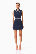 Collared Jacquard Mini with Embellished Trim - Denim Blue