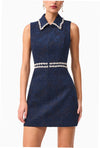 Collared Jacquard Mini with Embellished Trim - Denim Blue