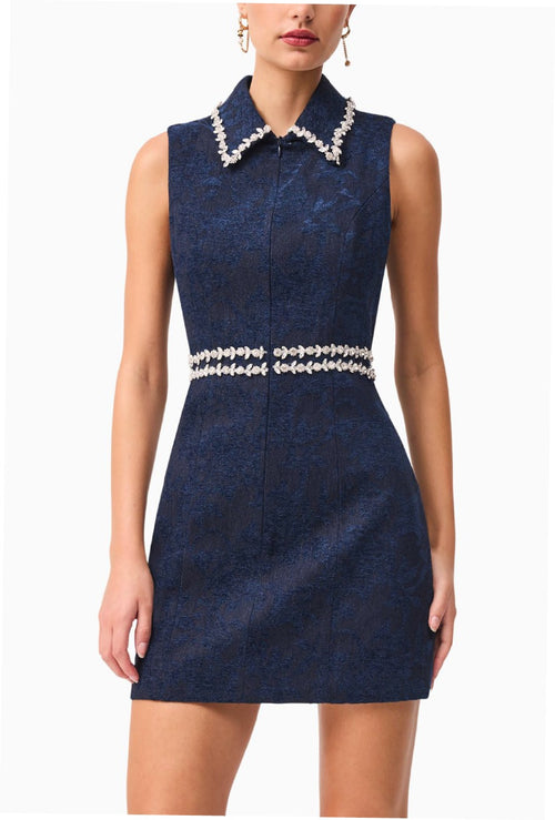 Collared Jacquard Mini with Embellished Trim - Denim Blue