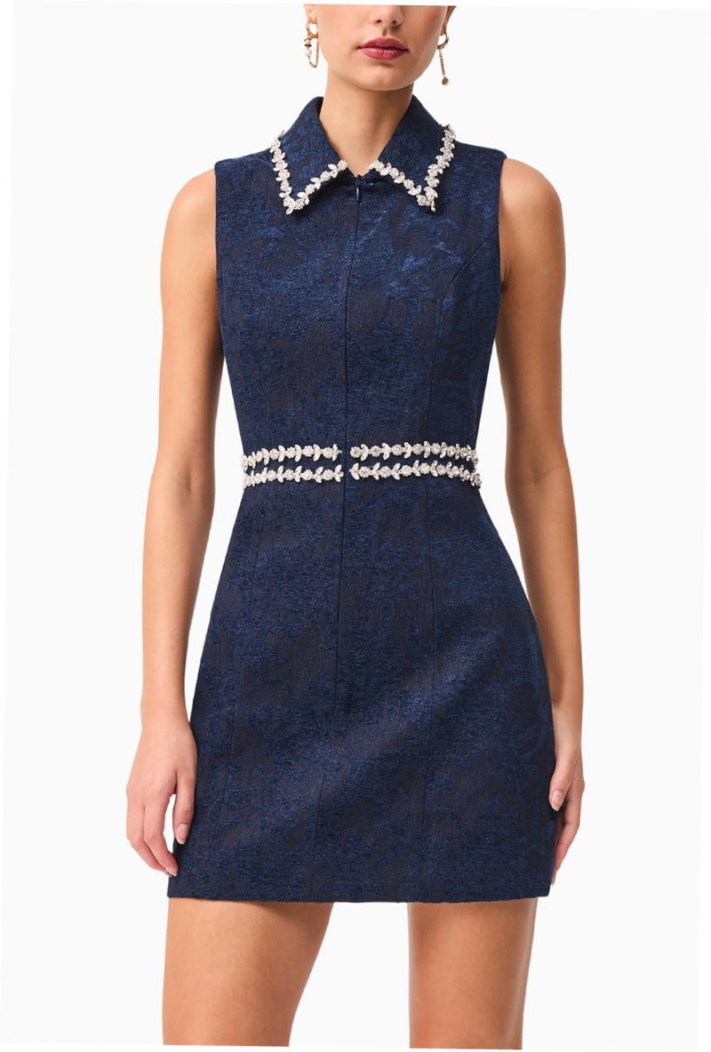 Collared Jacquard Mini with Embellished Trim - Denim Blue