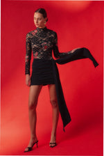 Lace Sequin Long Sleeve Mini Dress - Black