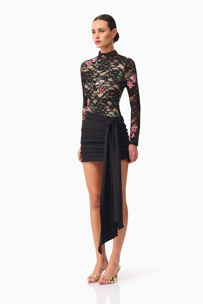 Lace Sequin Long Sleeve Mini Dress - Black