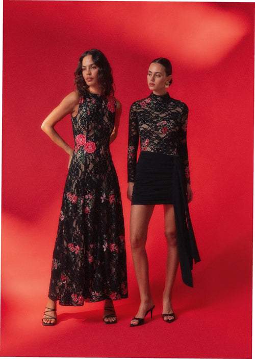 Lace Sequin Long Sleeve Mini Dress - Black