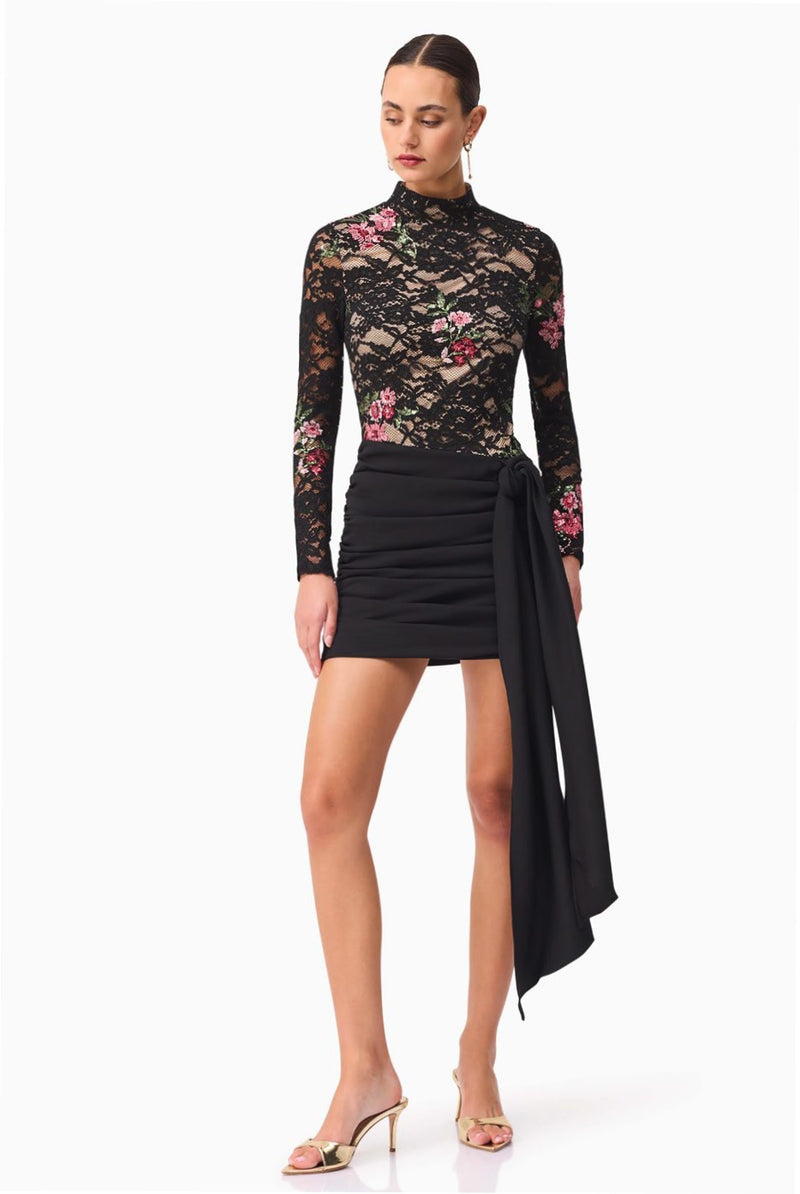 Lace Sequin Long Sleeve Mini Dress - Black