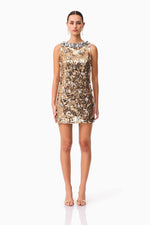 Embellished Shift Mini Dress - Gold