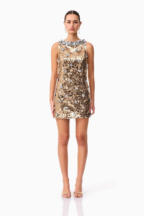 Embellished Shift Mini Dress - Gold
