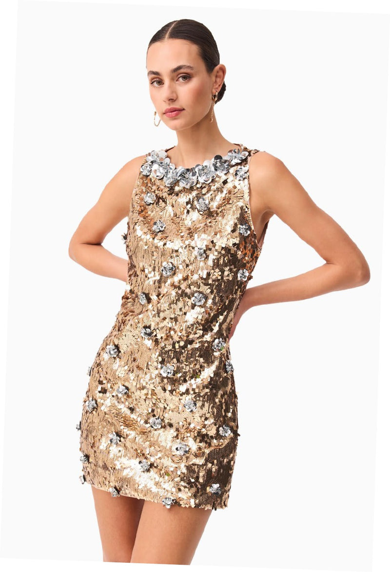 Embellished Shift Mini Dress - Gold