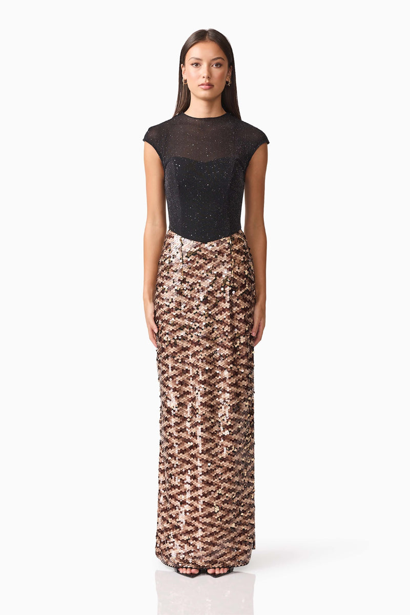 Gown with Jersey Bodice & Sequin Skirt - Cocoa
