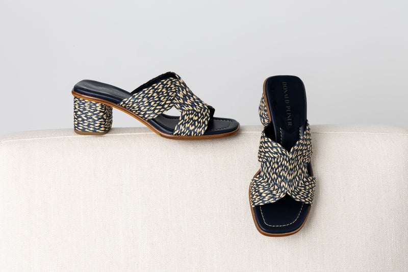 Two-Tone Woven Raffia Sandals - Navy