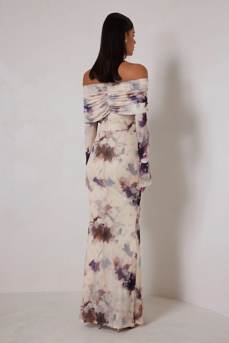 Off Shoulder Print Dress - Watercolor Bloom