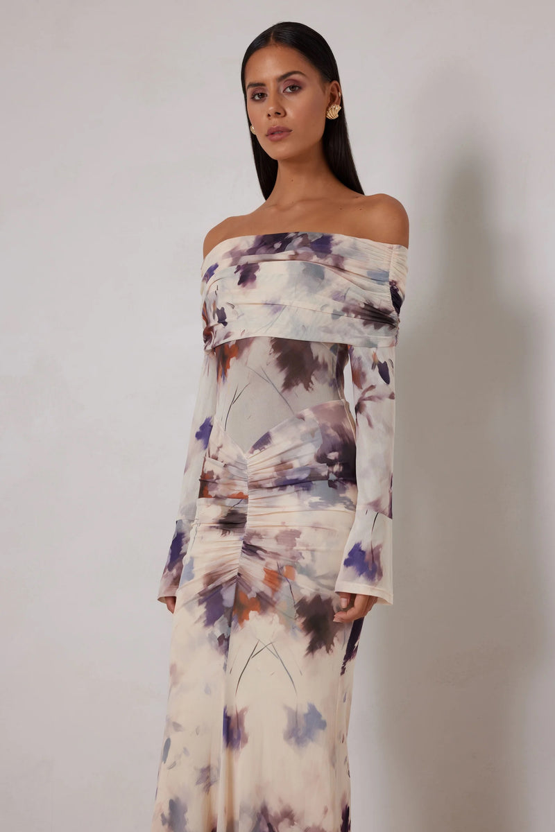 Off Shoulder Print Dress - Watercolor Bloom