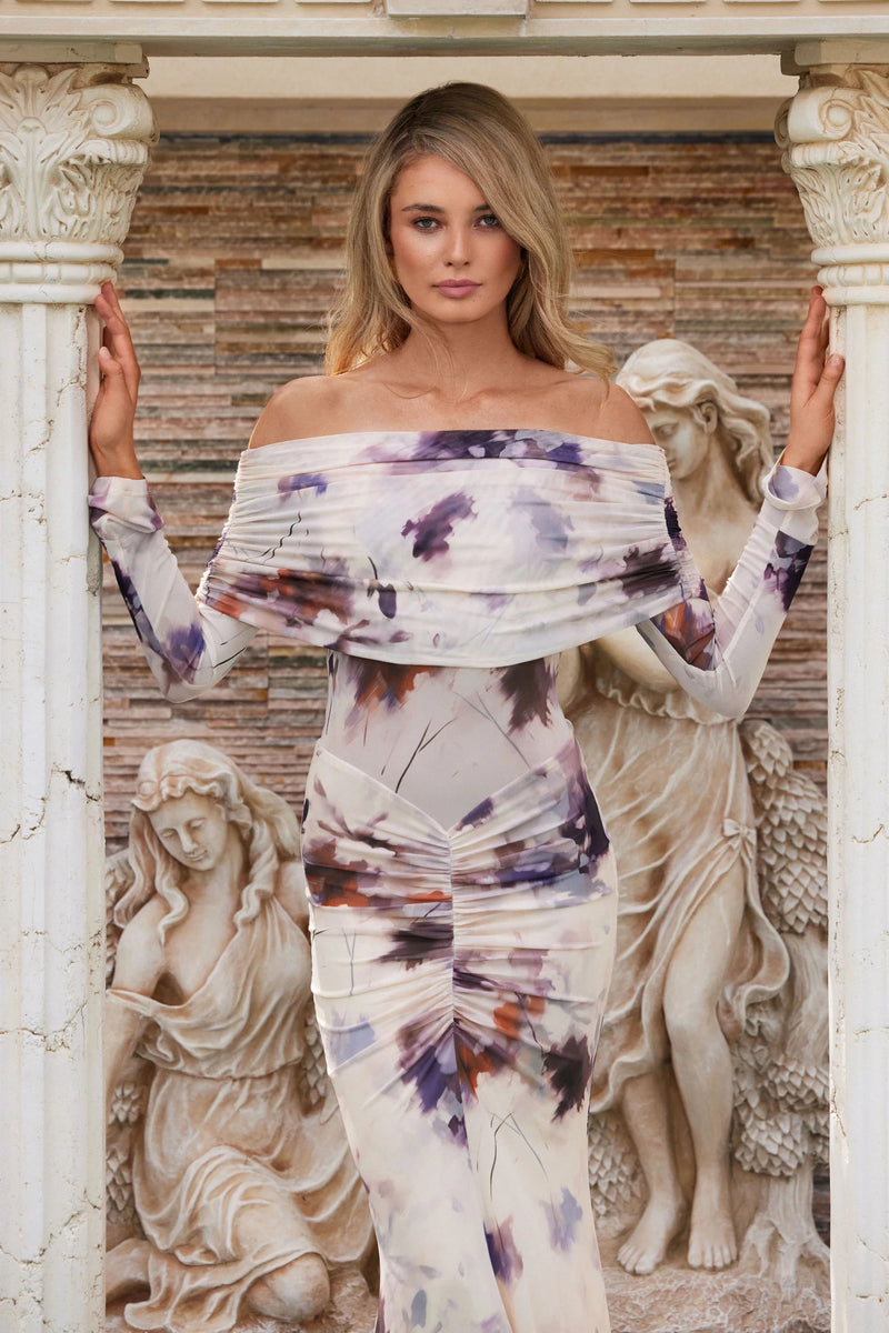 Off Shoulder Print Dress - Watercolor Bloom