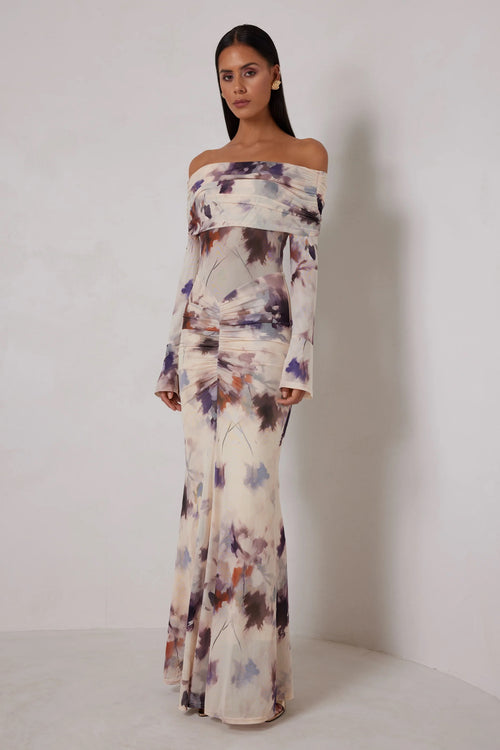Off Shoulder Print Dress - Watercolor Bloom