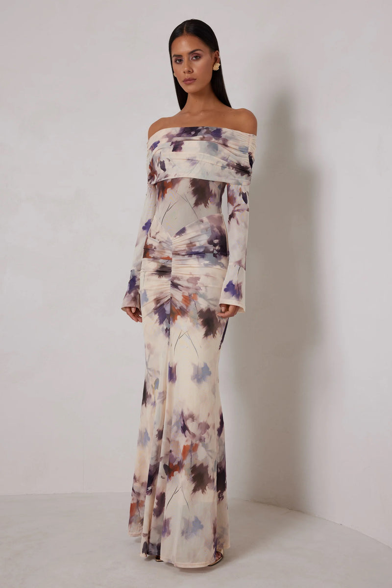 Off Shoulder Print Dress - Watercolor Bloom
