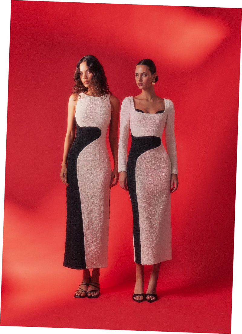 Textured Colorblock Long Sleeve Midi - Black/Ivory