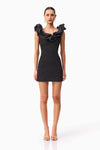Textured Stretch Mini with Ruffled Neck  - Black