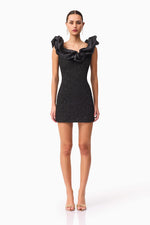 Textured Stretch Mini with Ruffled Neck  - Black