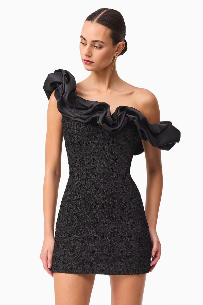 Textured Stretch Mini with Ruffled Neck  - Black