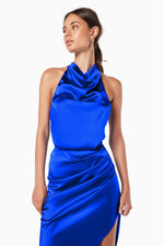Silk Cowl Neck Dress - Electric Blue