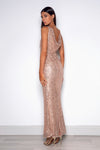 V-Neck Sequin Gown with Cowl Back - Rose Gold