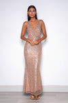 V-Neck Sequin Gown with Cowl Back - Rose Gold